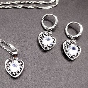 925 Sterling Silver Necklace Earring Set Heart Vine CZ Diamond Woman's Gift NEW!
